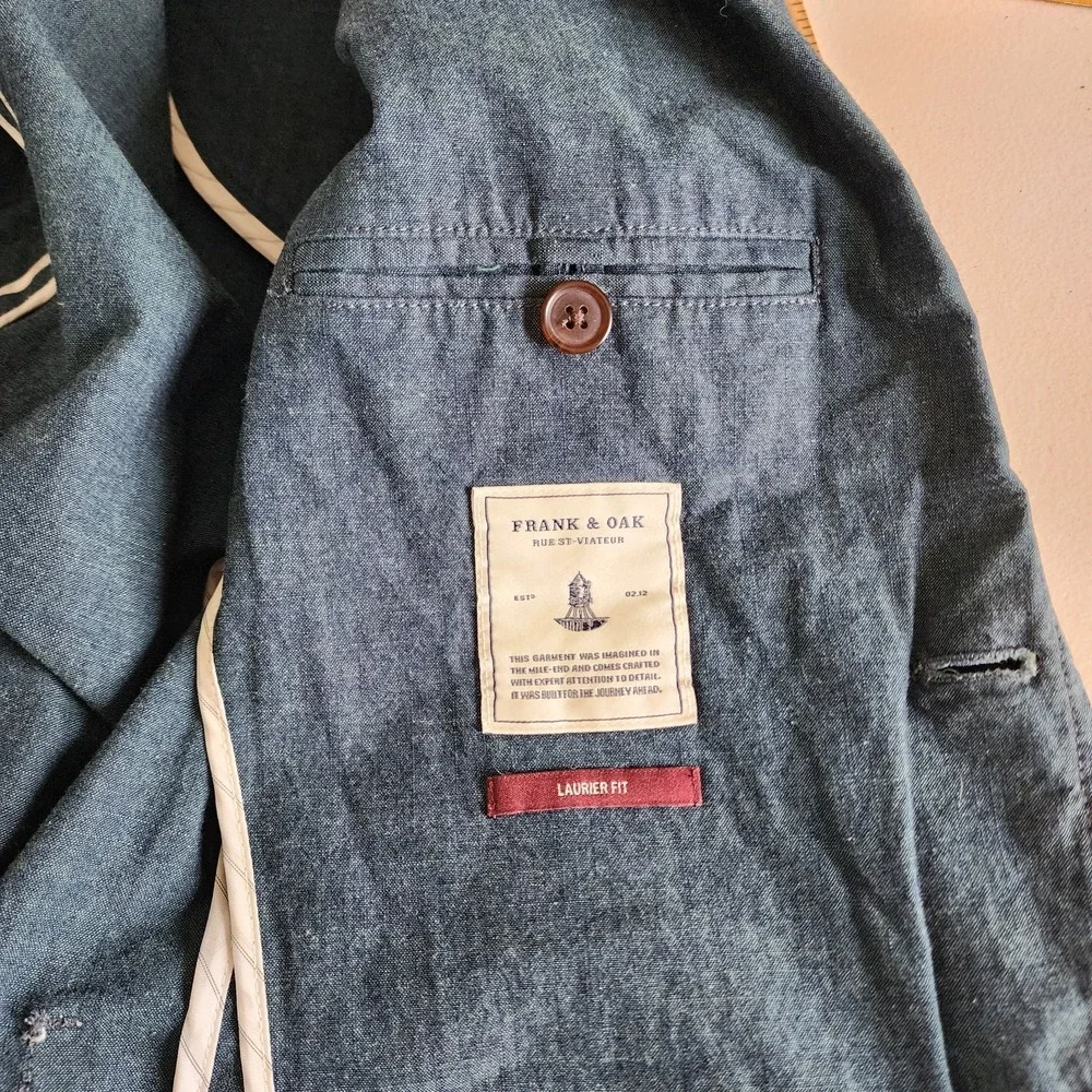 Frank and Oak Blazer Laurier Fit Heather Blue Classic Preppy Quiet Luxury Sz 36